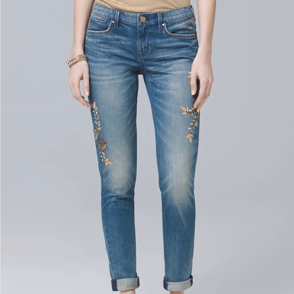 WHBM embroidered girlfriend jeans.